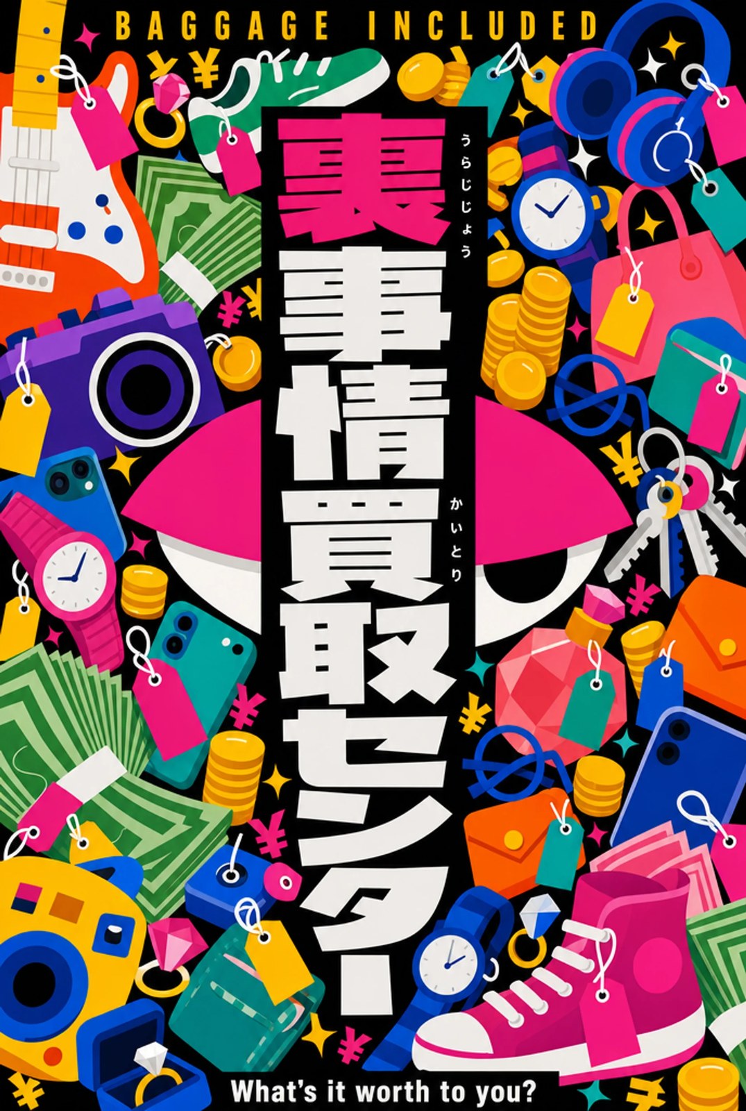裏事情買取センターのキービジュアル。黒地に大きな目玉と、値札の付いた私物のイラスト